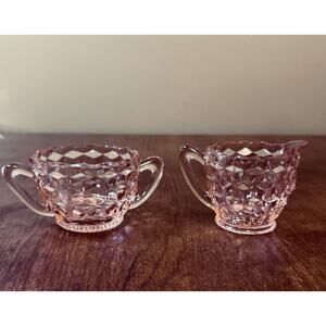 Vintage Jeannette Pink Depression Glass Cubist Creamer & Sugar Bowl Set 1930s